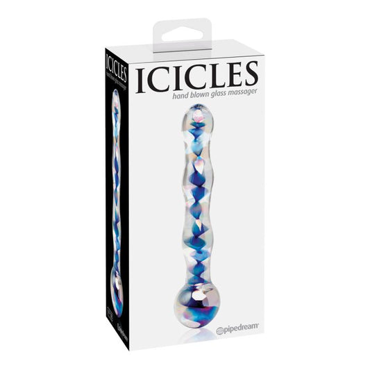 Icicles No. 8 Hand Blown Glass Massager - Clear w/Inside Blue Swirls